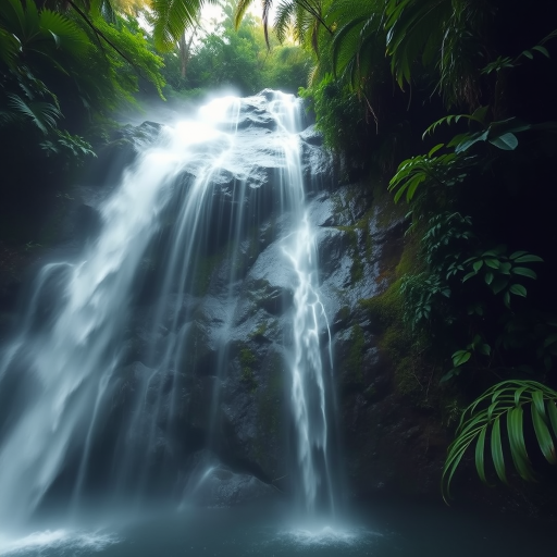 lush jungle waterfall scene with mist, high dynamic range, f/8 aperture, ISO 100, 1/125 sec exposure, wide-angle lens, low angle view, shot with a full-frame DSLR camera
