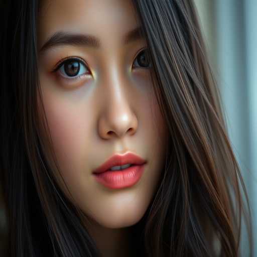 Portrait of a young woman with long dark hair, natural makeup, and soft lighting, captured with a Canon EOS R5, 85mm lens, f/1.4 aperture, ISO 100, 1/200s shutter speed, from a close-up perspective, using a shallow depth of field for a dreamy background effect.