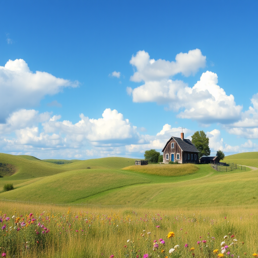 Serene countryside scene, with rolling hills, a quaint farmhouse surrounded by blooming wildflowers, and a blue sky dotted with fluffy clouds, evoking a sense of tranquility.