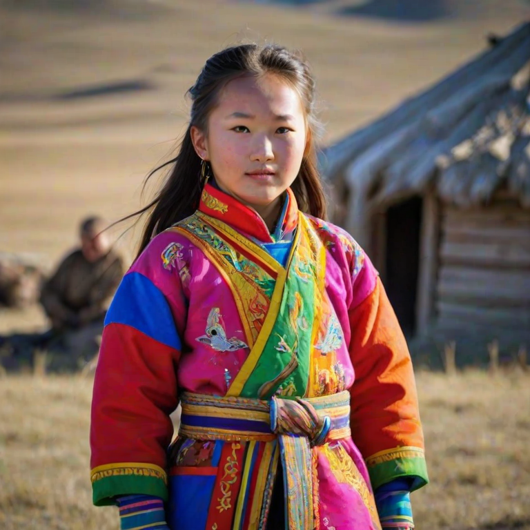 A beautiful Mongolian girl, wearing colorful bird clothing with vibrant colors