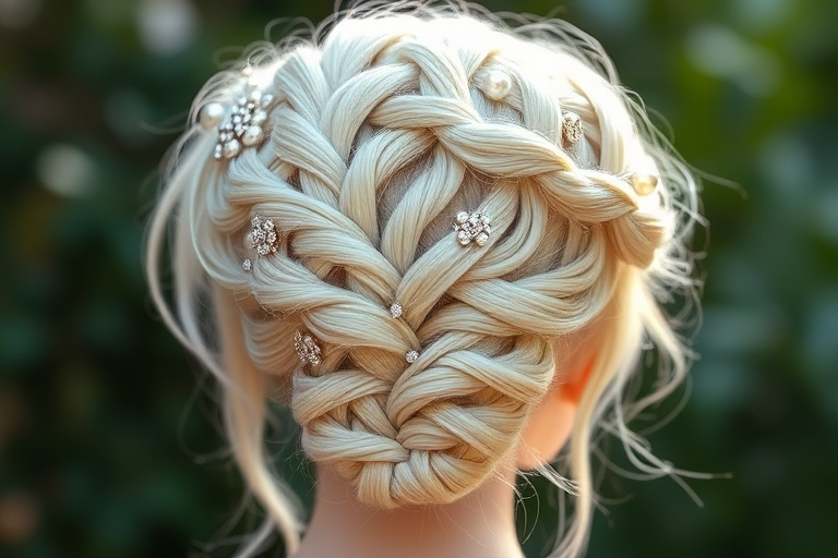 Ethereal Moonbeam Halo braid showcasing a crown of intricately woven platinum blonde hair, accented with shimmering pearl and crystal hair accessories