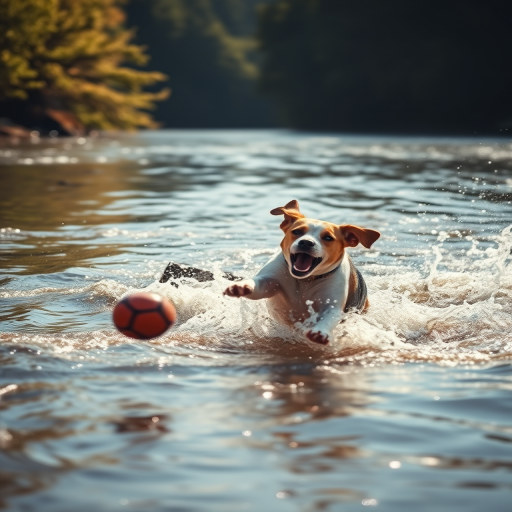Blurry action shot of a dog leaping into a river to catch a ball, water splashing around it, distant trees casting long shadows, and the sound of rushing water and excited barking filling the scene.