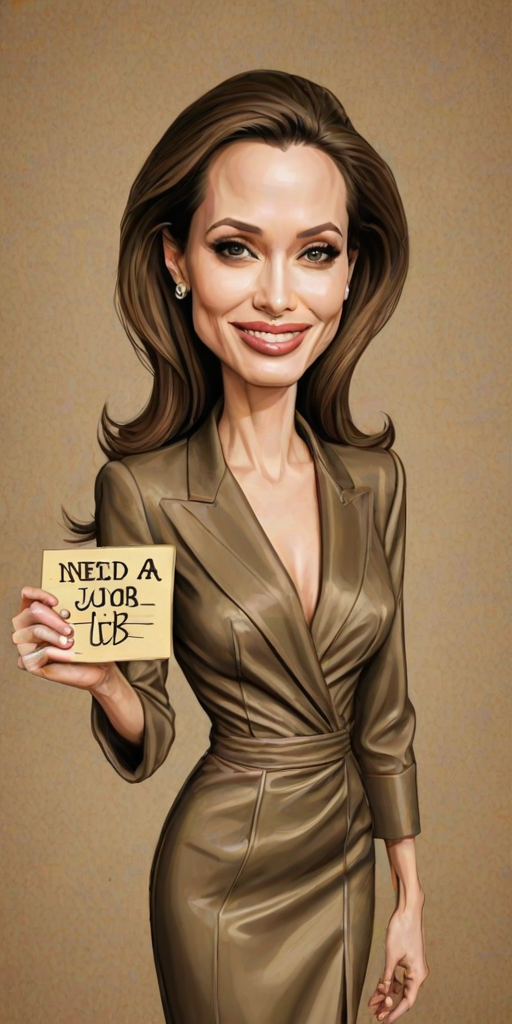 caricature of a smiling Angelina Jolie in a Brass dress or suit, holding up a sign that says "NEED A JOB", no watermark,