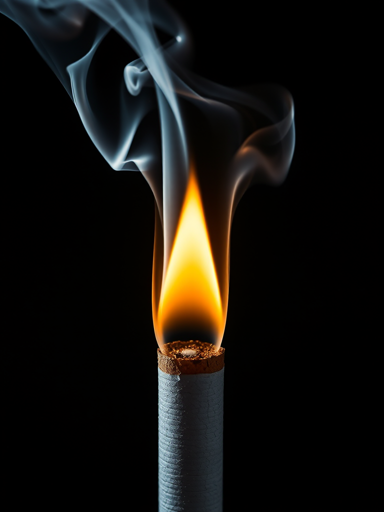 Regenerate an image of a cigarette with smoke swirling above it, using a DSLR camera, aperture f/2.8, ISO 100, 50mm lens, shooting from a top-down view to enhance details and contrast.