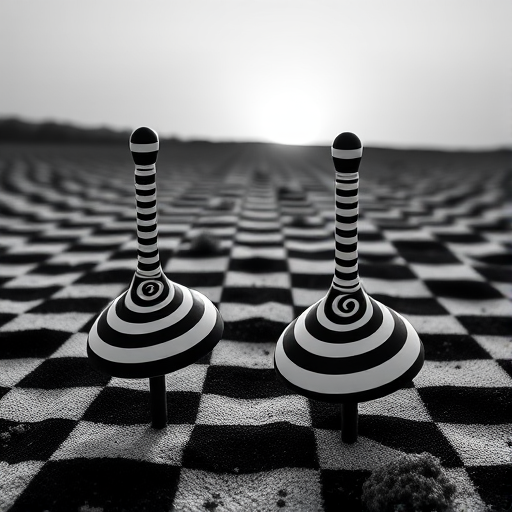 Create an image of two spiral-patterned spinning tops in a black and white checkerboard landscape with a large sun rising in the background, using a DSLR camera with a 50mm lens, f/8 aperture, ISO 100, and 1/200 shutter speed, shot from a slightly low angle to emphasize depth and perspective.