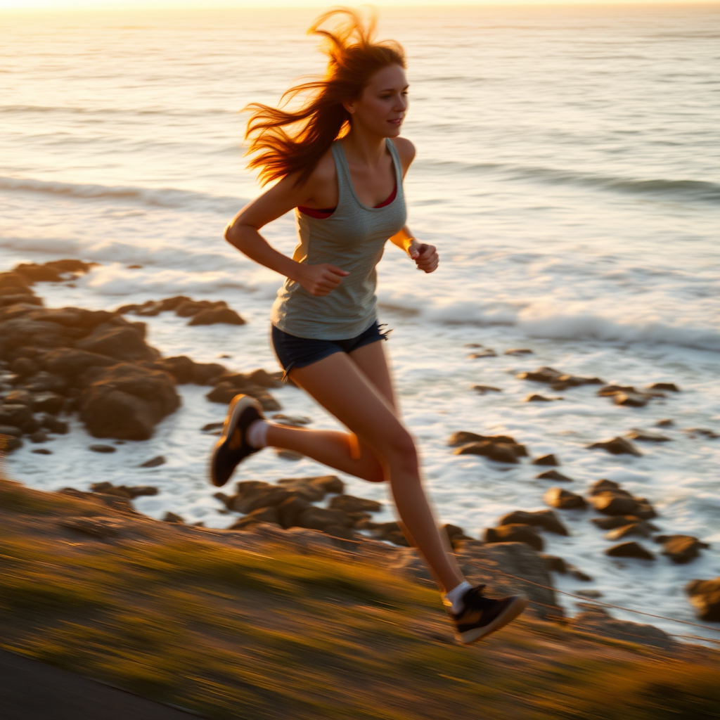 Blurry action shot of a woman sprinting along a coastal path at sunset, waves crashing against the rocks below, with soft golden light casting long shadows and wind whipping her hair back.
