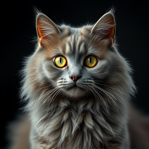 Generate a portrait of a fluffy gray cat with striking yellow eyes, sitting against a dark background.