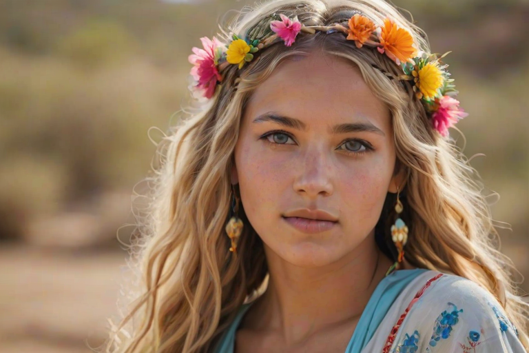 Create an image of a young Sahrawi woman with long, wavy blonde hair, adorned with small, colorful flowers woven into her braids and loose strands. Her complexion is fair, with soft, glowing skin, and she has light blue eyes that gaze softly at the viewer. She wears a light, flowing dress with a gentle, ethereal quality, complementing her delicate and serene appearance. The background is slightly blurred, drawing focus to her tranquil expression and the intricate details of the flowers in her hair. The overall mood of the image is one of natural beauty and grace, evoking a sense of peacefulness and connection with nature.