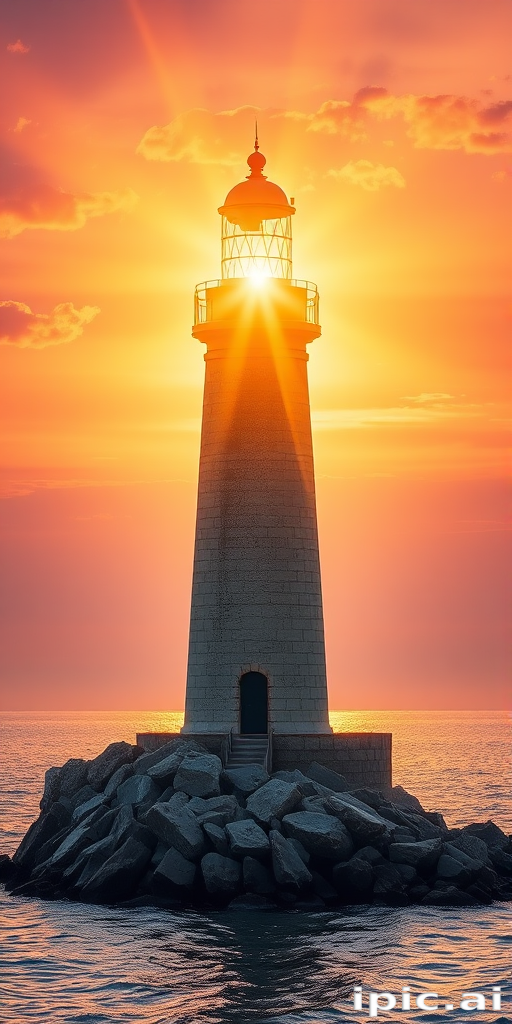 Generate an image of a tall lighthouse perched on a rocky outcrop surrounded by calm ocean waters during a breathtaking sunset. The lighthouse stands sturdy and weathered, its stone surface illuminated by the warm golden light of the setting sun. The sun's rays pass directly through the glass lantern room at the top of the lighthouse, casting a brilliant light across the scene. The sky is painted with vibrant shades of orange, pink, and purple, reflecting off the tranquil sea. The surrounding water shimmers with the same warm hues, creating a serene and majestic atmosphere.