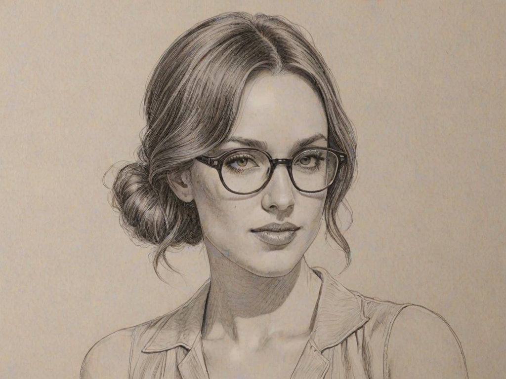 Lovely Jessica McNamee, pencil sketch, portrait of Beauteous woman 1929s in glasses, hair style beatnik, outline, clear lines, fine lines, 8k