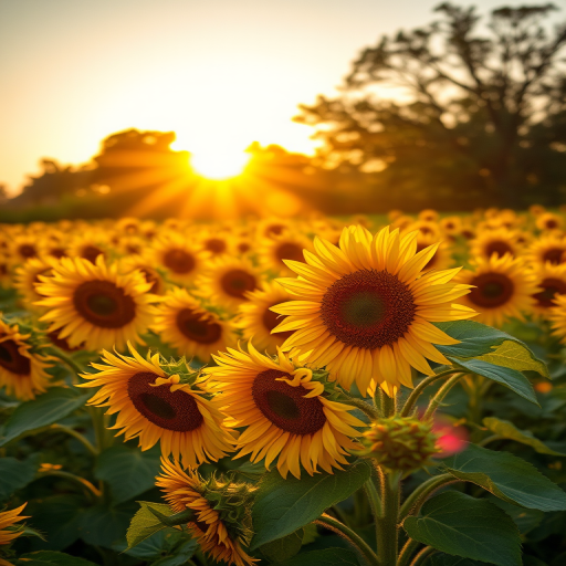 sunflower field at golden hour with sunlight streaming through trees, wide-angle lens, f/11 aperture, ISO 100, 1/250 sec shutter speed, DSLR camera, high dynamic range imaging, vibrant colors and sharp details