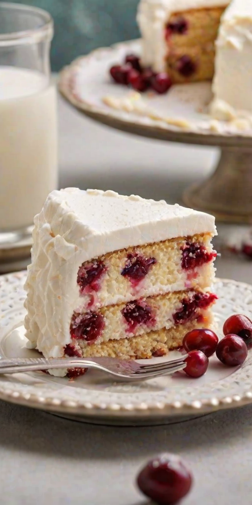 Generate an image of a slice of cake with layers of creamy frosting and cranberry filling. The top is adorned with sparkling, sugared cranberries, and the cake is presented on a decorative plate with a fork beside it. The background is neutral and textured, enhancing the focus on the cake.