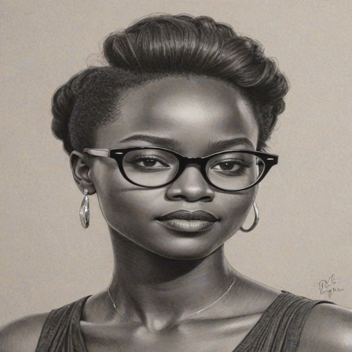 Comely Lupita Nyong'o, pencil sketch, portrait of Enchanting woman 1961s in glasses, hair style beatnik, outline, clear lines, fine lines, 8k
