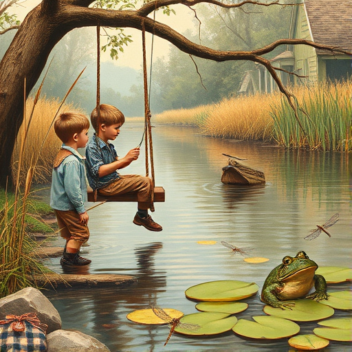 Imagine a small group of old fashioned young boys out fishing by the creek, a swing hanging from a tree branch, reeds and grasses by the water's edge, a frog sitting on a lily pad, dragonflies hovering over som water plans, a very iconic old fashioned scene reminiscent of a Norman Rockwell painting style