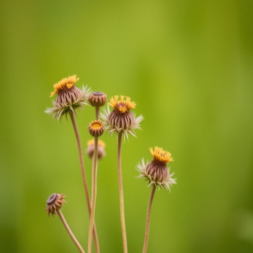 Capture a close-up of dried wildflowers against a soft green background using a DSLR camera with a 50mm lens, aperture set to f/2.8 for shallow depth of field, ISO 200, and a shutter speed of 1/250s to ensure sharp focus on the flowers.
