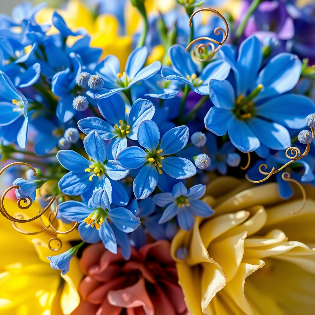 Create a vibrant floral arrangement with delicate blue flowers, yellow accents, and intricate swirling vines, shot with a Canon EOS R5 at f/2.8, ISO 100, and a 100mm macro lens, in bright natural light for enhanced color and detail.