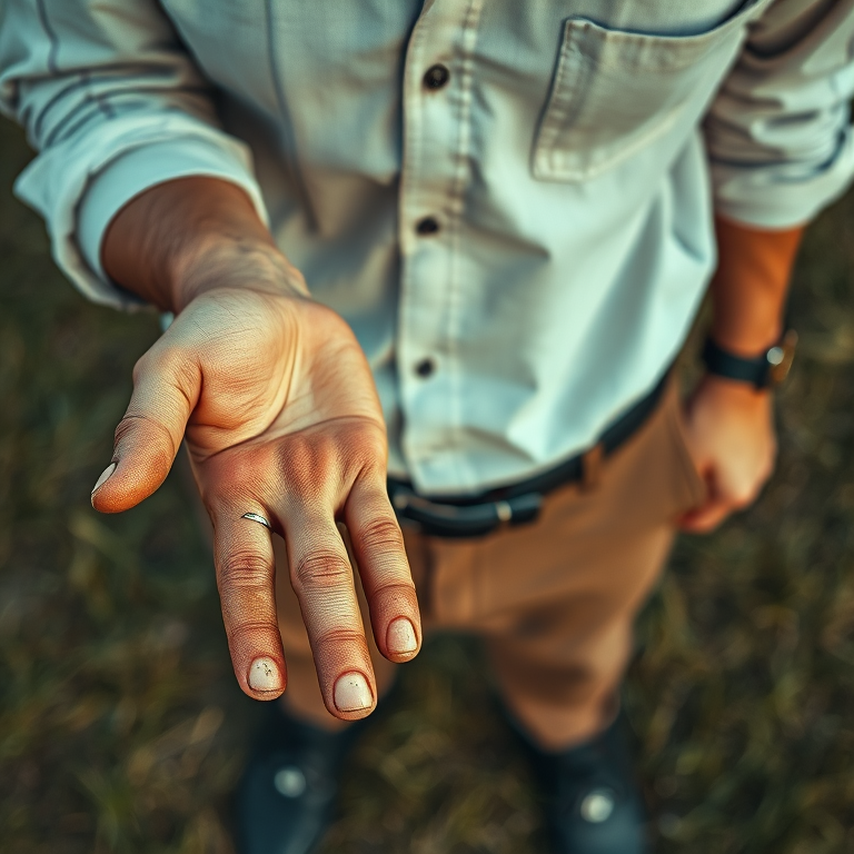 detailed edges, detailed image, perfection style, A cinematic detailed high angle from above image of a man with dirty hands and dirt on them, movie themed, sharp, detailed background, epic cinematic photography, artistic style, dramatic light style, cinematic color style, Kodak 35mm film style, detailed style, hand focus style, solo, shirt, 1boy, jewelry, male focus, outdoors, belt, pants, blurry, blurry background, ring, close-up, black belt, brown pants, multiple boys, 2boys, realistic, wedding ring, grass, yaoi, outstretched hand, hand focus