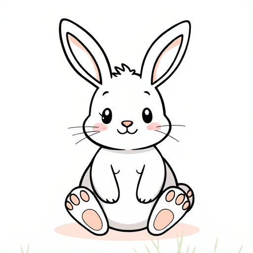Create a cute cartoon bunny with a round body and small ears sitting down its face should have a simple expression with small eyes and a tiny mouth the outline should be bold and black on a white background