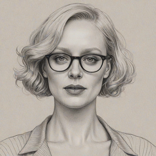 Fetching Gwendoline Christie, pencil sketch, portrait of Captivating woman 1923s in glasses, hair style beatnik, outline, clear lines, fine lines, 8k