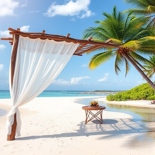 Create a picturesque tropical beach scene featuring a serene, white sandy shore. In the foreground, there's a rustic wooden canopy with white drapes gently flowing in the breeze. Underneath the canopy, a table is set with tropical decor, evoking a sense of relaxation and leisure. The beach extends into a calm, shallow water area with reflections of the sky and surroundings. Palm trees and lush greenery line the edge of the beach, providing a natural, tropical backdrop. The sky is clear with a few scattered clouds, and the overall atmosphere is tranquil and inviting, perfect for a peaceful retreat.