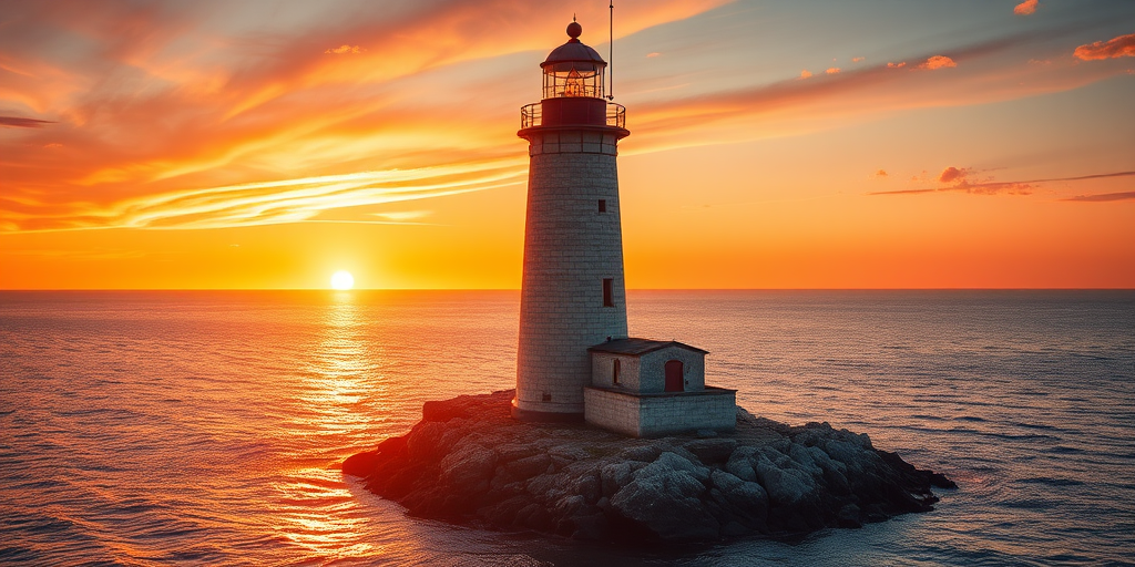 Generate an image of a tall lighthouse perched on a rocky outcrop surrounded by calm ocean waters during a breathtaking sunset. The lighthouse stands sturdy and weathered, its stone surface illuminated by the warm golden light of the setting sun. The sun's rays pass directly through the glass lantern room at the top of the lighthouse, casting a brilliant light across the scene. The sky is painted with vibrant shades of orange, pink, and purple, reflecting off the tranquil sea. The surrounding water shimmers with the same warm hues, creating a serene and majestic atmosphere.