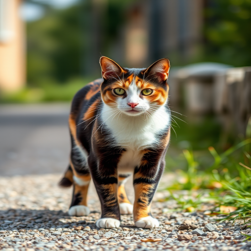 A calico cat standing on a gravel path, captured in sharp focus with a shallow depth of field, using a Canon EOS R5 with an 85mm f/1.2 lens at ISO 100, aperture f/2.8, shutter speed 1/250s, in natural lighting for enhanced image quality.