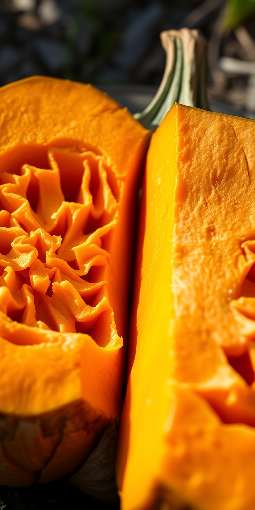 Generate an image of a freshly cut pumpkin with its vibrant orange flesh exposed, using a DSLR camera at f/2.8 aperture, 50mm lens, shot from a low angle in natural lighting to capture detailed textures and rich colors.