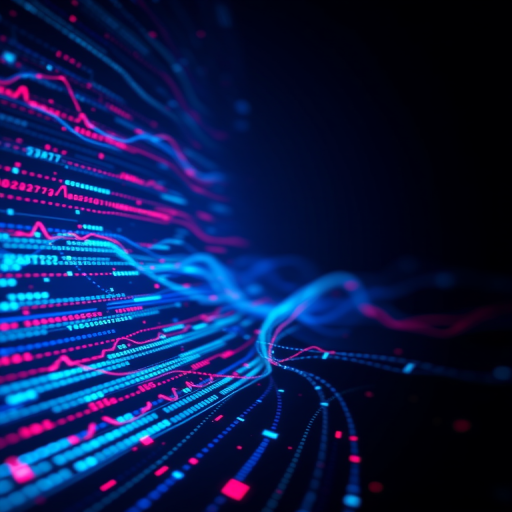Generate a high-resolution abstract digital background with glowing blue and red data streams flowing through a dark space, using a wide-angle lens at f/2.8, ISO 100, 1/60s shutter speed, photographed with a DSLR camera.