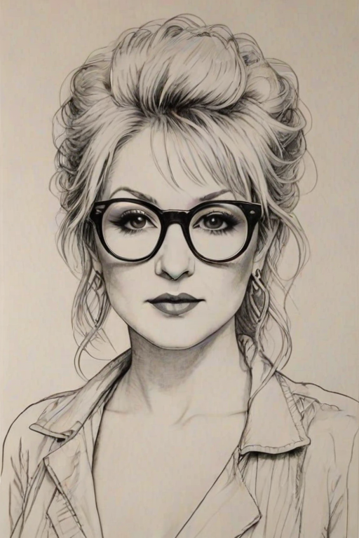 Elegant Cyndi Lauper, pencil sketch, portrait of Beauteous woman 1971s in glasses, hair style beatnik, outline, clear lines, fine lines, 8k