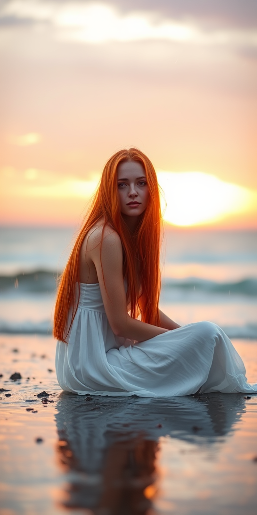 A woman with long red hair sitting on the shore during sunset, wearing a flowing white dress, rain falling around her, reflection in the water, shallow depth of field, soft lighting, shot with a DSLR camera at f/1.8, ISO 100, 50mm lens, golden hour.