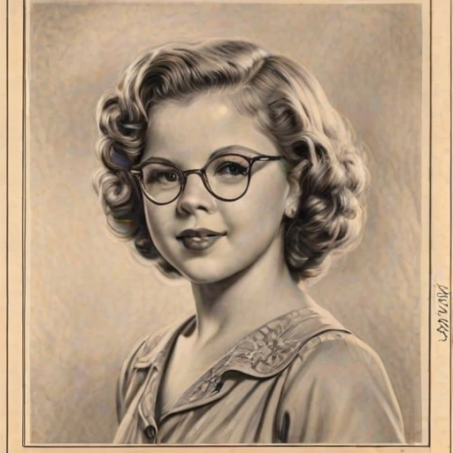 Splendid Shirley Temple, pencil sketch, portrait of Captivating woman 1933s in glasses, hair style beatnik, outline, clear lines, fine lines, 8k