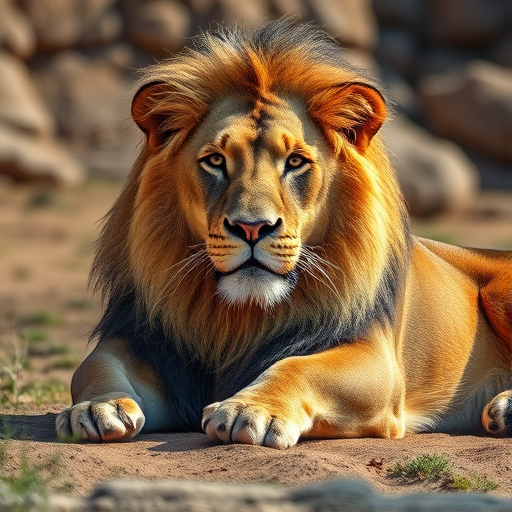 Create a realistic and high-quality depiction of a lion lounging majestically, using a Canon EOS 5D Mark IV with a 50mm f/1.8 lens, aperture set to f/4, ISO 100, shutter speed 1/200 sec, shot from a low angle to emphasize the lion's grandeur and confidence, in bright natural lighting to enhance details and textures.