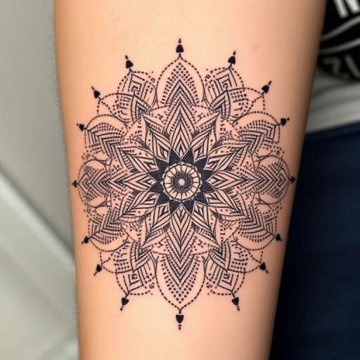 Dotwork mandala tattoo entitled "Cosmic Harmony" featuring an intricate geometric pattern composed entirely of tiny dots, gradually increasing in density to create mesmerizing gradients and intricate details, symbolizing the interconnectedness of the universe and the beauty of sacred geometry, perfect for those seeking a meditative and spiritually meaningful tattoo.