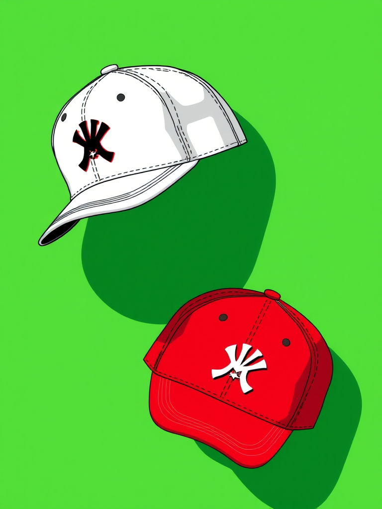 Create a high-resolution illustration of two baseball caps, one white with a black logo and one red with a white logo, positioned on a solid green background, using a DSLR camera with a 50mm lens, f/1.8 aperture, 1/100s shutter speed, and natural lighting for enhanced clarity.