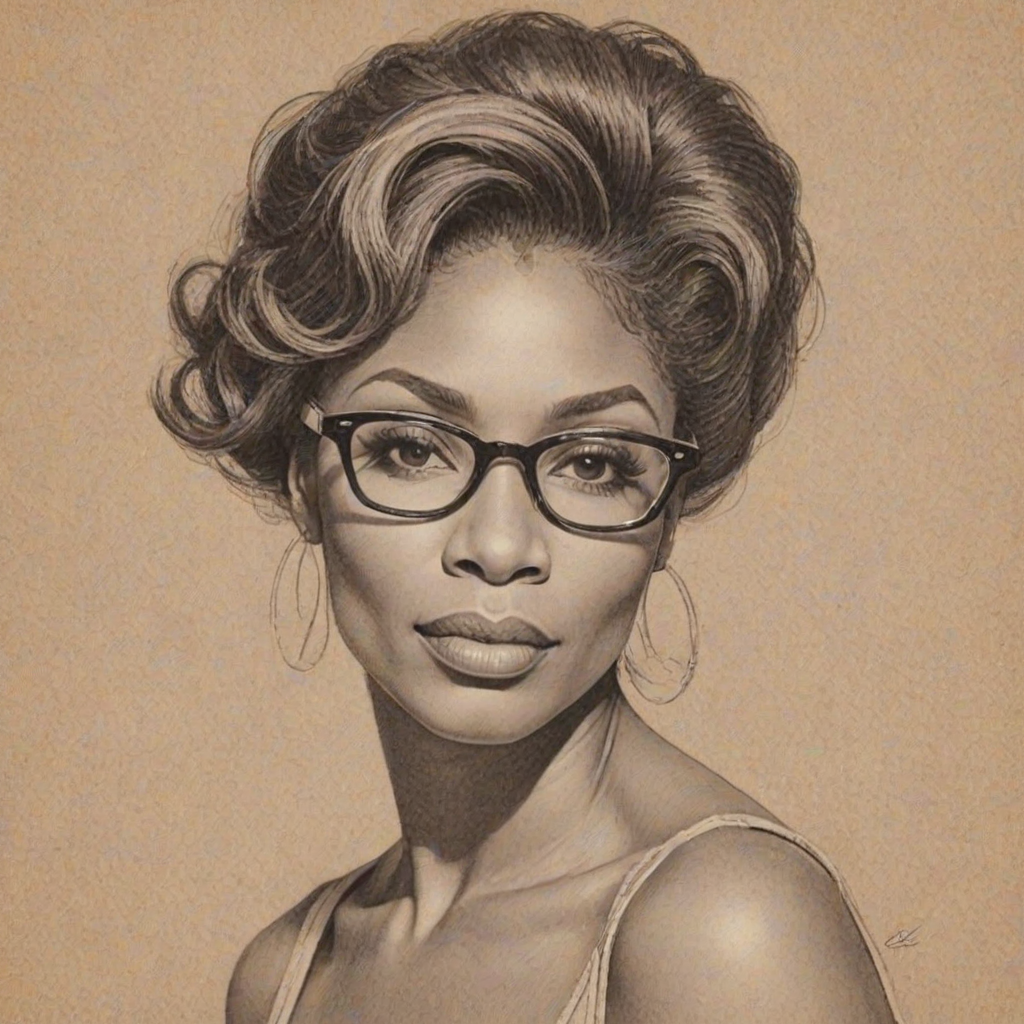 Pleasing Adina Howard, pencil sketch, portrait of Exquisite woman 1958s in glasses, hair style beatnik, outline, clear lines, fine lines, 8k