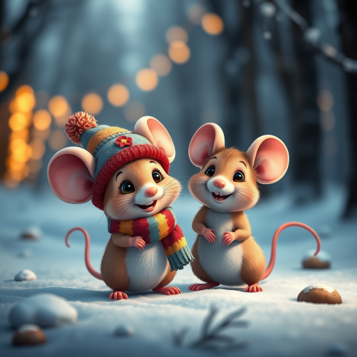 Generate an image of two adorable cartoon mice in a snowy forest setting, one wearing a colorful hat and scarf, smiling and standing next to the other with a cute expression, with warm festive lights in the background, captured with a DSLR camera, 50mm lens, f/1.8 aperture, ISO 200, and soft focus style.