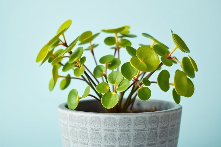 create a high-resolution image of a potted plant with round green leaves in a textured gray pot, set against a soft pastel blue background, using a DSLR camera with a 50mm lens, aperture f/2.8, shutter speed 1/60 sec, and ISO 100 for enhanced depth of field and clarity, natural lighting for soft shadows