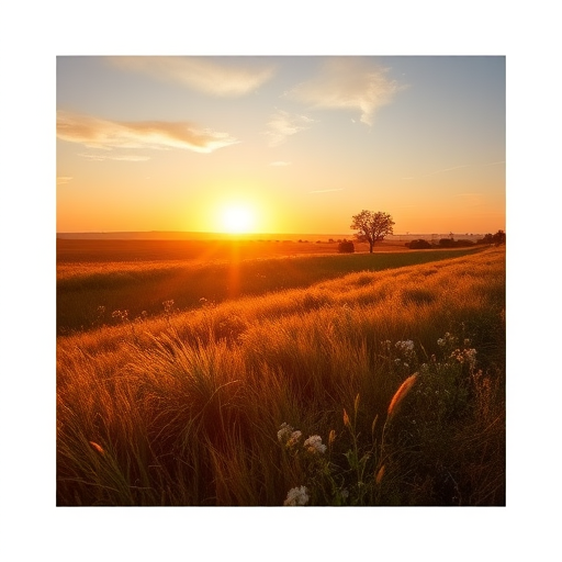 Generate a high-resolution image of a serene landscape at sunset, using a Canon EOS 5D Mark IV, 50mm lens, f/1.8 aperture, ISO 100, golden hour lighting, and a slight vignette effect for depth.