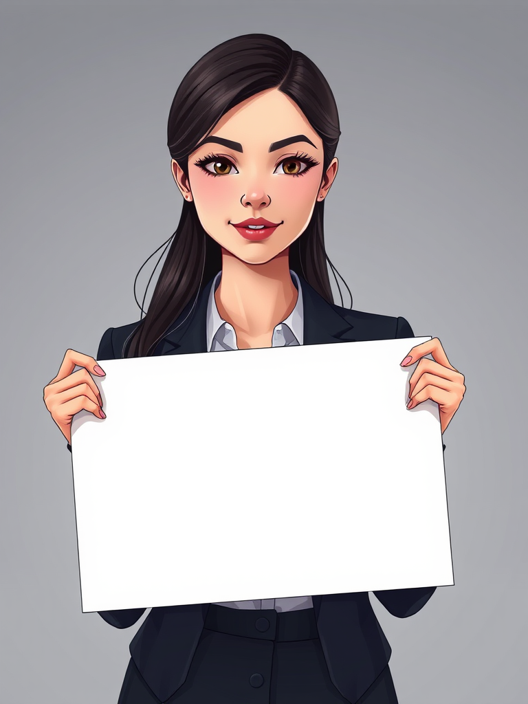 Generate an illustration of a confident woman with dark hair in professional attire holding a blank sign, front view, high resolution, soft lighting, DSLR camera, focal length 50mm, aperture f/2.8, ISO 100.