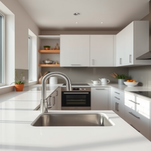 Create a clean and modern kitchen interior with a sleek sink and cabinetry, using soft natural lighting, set at f/4 aperture, ISO 200, 24mm lens, DSLR camera, wide-angle view, vibrant colors.