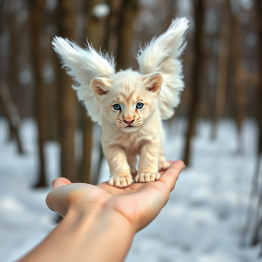 A small, white lion cub with angelic wings standing on a human hand. The cub has a soft, fluffy texture with detailed fur, expressive blue eyes, and a curious expression. The wings are large and feathery, blending seamlessly with its fur, giving an ethereal appearance. The background is a winter forest, with the ground covered in snow and blurred brown trees, creating a serene atmosphere. The human hand in the foreground is positioned palm-up, supporting the lion cub gently, fingers slightly curled. The lighting is soft and diffused, enhancing the tender and magical feel of the scene. Colors are predominantly neutral with white, cream, and soft browns, contrasting with the subtle blue of the lion cub's eyes. The overall composition is balanced, with the cub at the center, creating a focal point that draws the viewer's attention immediately.