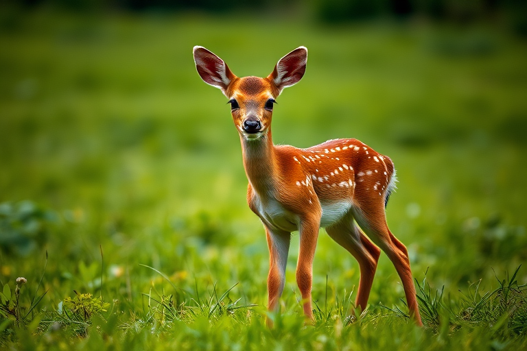 A young fawn standing in a lush green field, captured with a Canon EOS 5D Mark IV, focal length 50mm, aperture f/4, ISO 200, soft natural lighting, shallow depth of field for a blurred background.