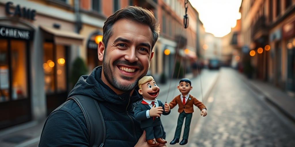 Create an image of a man smiling while holding a marionette puppet in a cobblestone street setting, using a Canon EOS R5 with a 50mm lens at f/1.8, ISO 100, and a shallow depth of field, capturing the warm evening light for enhanced details and clarity.