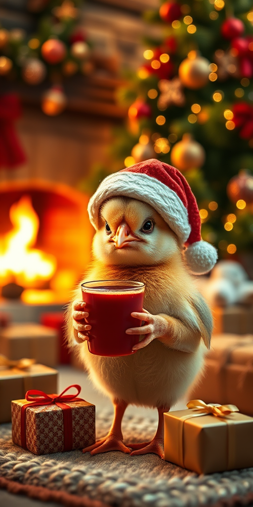 Generate a cozy Christmas scene featuring an adorable chick in a festive hat holding a warm drink, surrounded by a beautifully decorated tree, gifts, and a crackling fireplace, shot in high resolution with a Canon EOS R5, 50mm lens, f/1.8 aperture, ISO 100, soft warm lighting, and a shallow depth of field.