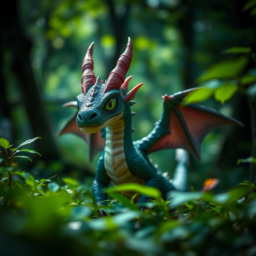 fantasy dragon character in a lush green forest, shallow depth of field, soft natural lighting, DSLR camera, ISO 100, f/2.8, 50mm lens, vibrant color saturation, high-resolution details