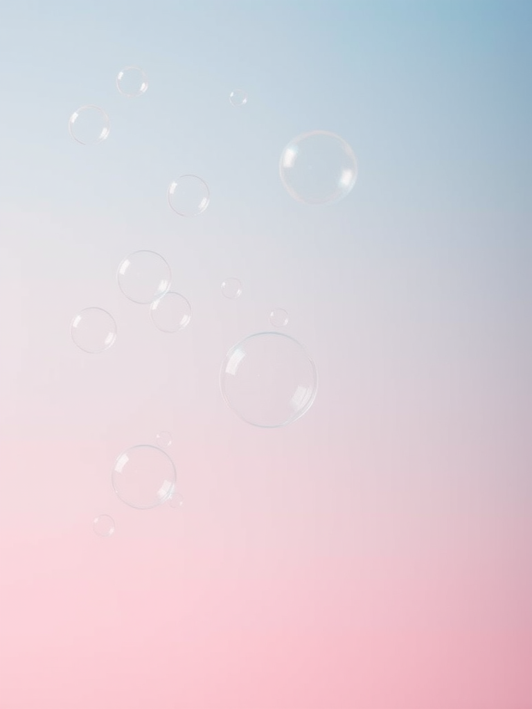 Create an image of various soap bubbles floating in the air with a soft gradient background transitioning from light blue at the top to pale pink at the bottom, use a 50mm lens, aperture f/2.8, shutter speed 1/200s, and ISO 100 for optimal clarity, photographed from a slightly elevated angle with a shallow depth of field to enhance the visual impact of the bubbles.