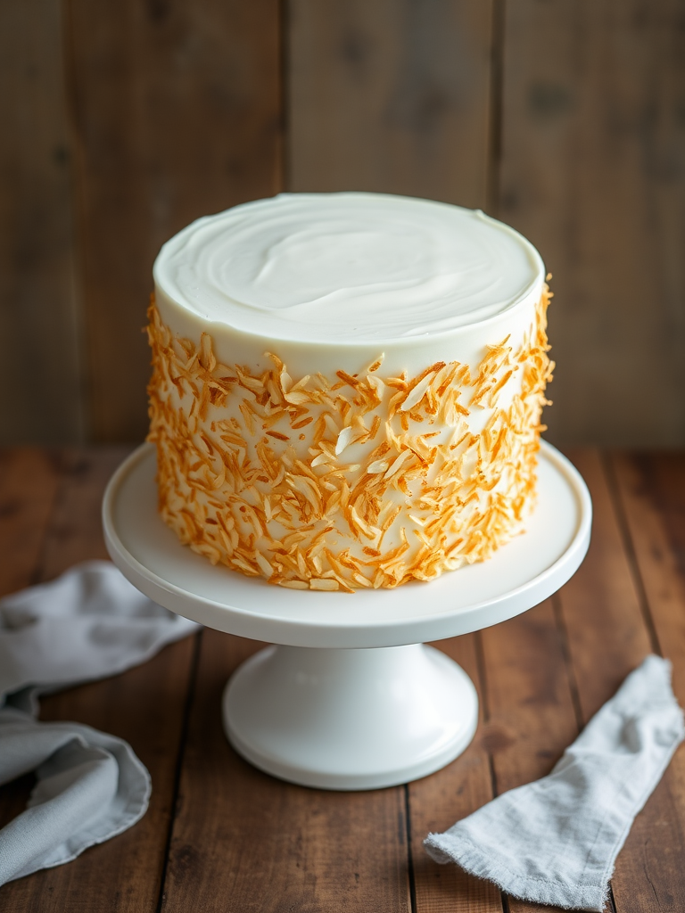 Create an image of a tall round cake with a smooth frosting on top and covered in toasted coconut flakes on the sides placed on a white cake stand with a rustic wooden table underneath and a light gray cloth draped nearby.