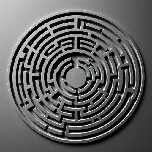 Generate a high-resolution circular maze design with intricate pathways, grayscale color scheme, sharp contrast, viewed from a top-down perspective, using a DSLR camera with a 50mm lens at f/8 aperture, ISO 100, and 1/200 sec shutter speed for enhanced clarity and detail.
