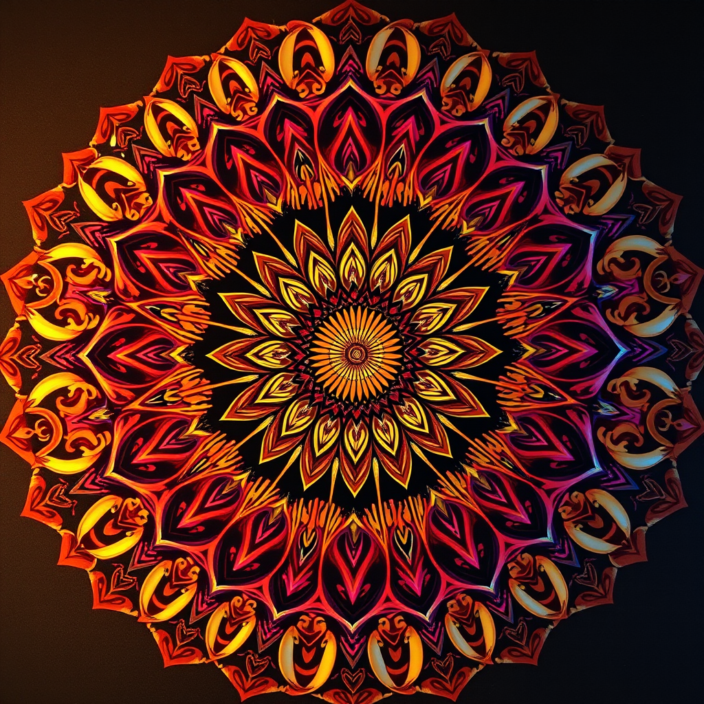 create a vibrant mandala design with intricate patterns in warm colors, high resolution, 50mm lens, f/8 aperture, ISO 100, top-down view, digital art style, professional quality