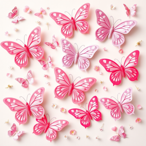 Create an image of a variety of butterflies in shades of pink and pastel colors. Include different species and sizes, with some butterflies featuring heart patterns and delicate floral elements. Arrange them in a whimsical, scattered layout against a light background, incorporating small flowers and hearts for added detail.